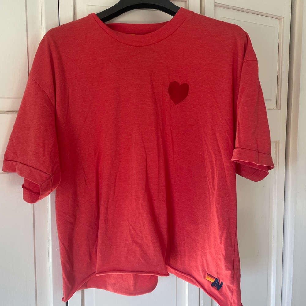 Aviator Nation Boyfriend T-Shirt Red with Embroidered Heart Large